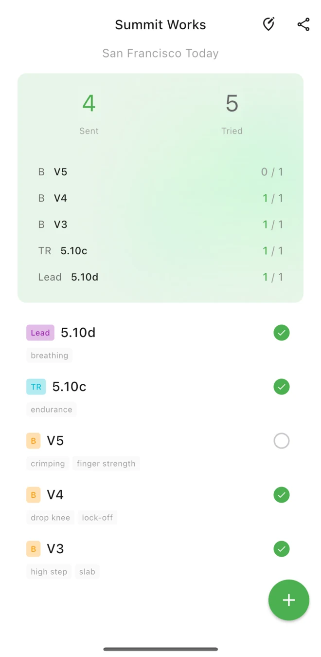 ClimbingNote+ session screen for quickly logging climbing grades, sends and attempts